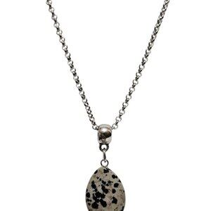 Handmade Black and Cream Dalmatian Jasper Teardrop Gemstone Silver Rolo Chain Ne